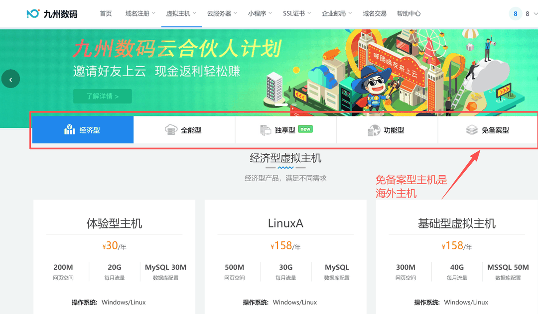 虚拟主机产品页顶部的机房类型标签